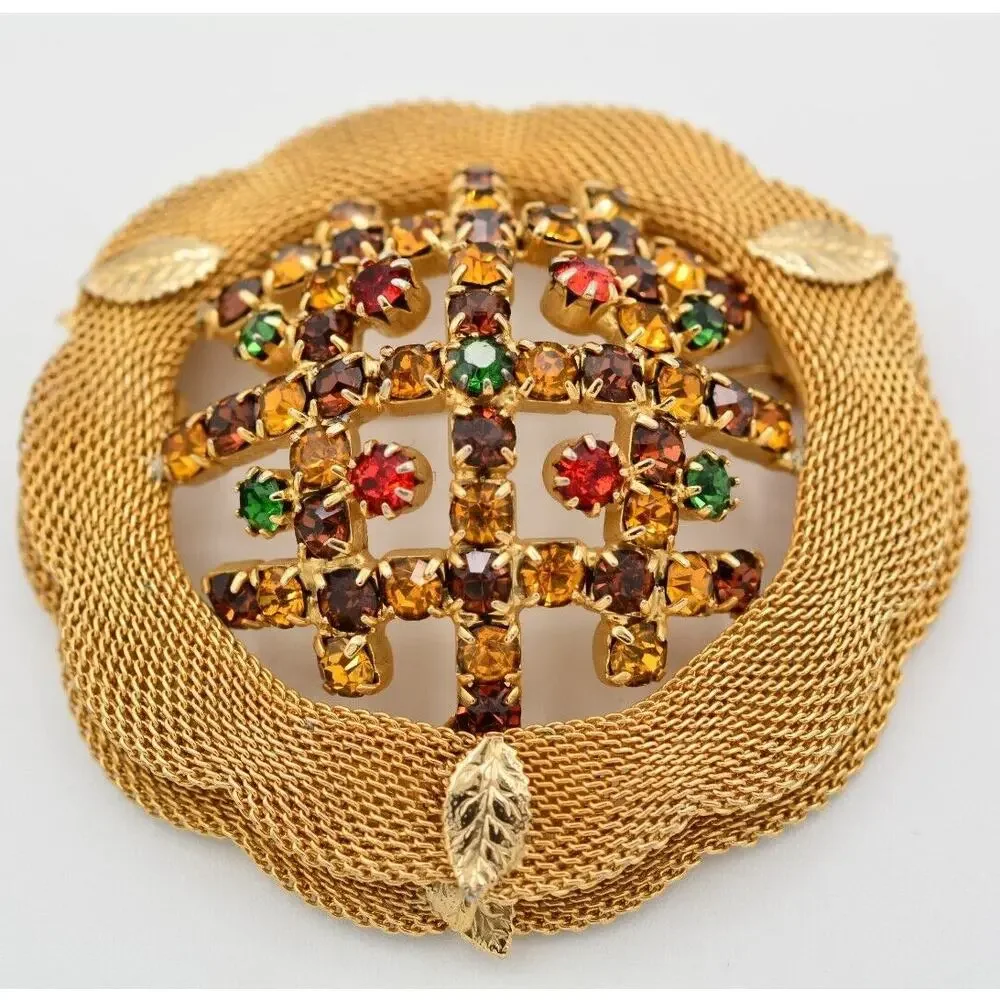 Vintage Crystal Pin Brooch Mesh Gold Prong Multi-Color Rhinestone 1970s BinAT